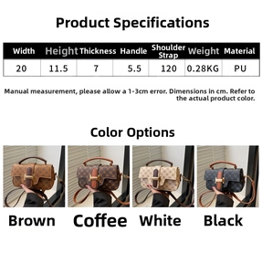 Detailed sizing chart and color guide for a retro PU leather messenger bag with H-buckle