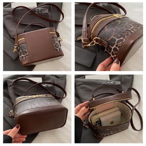 Detailed interior and exterior views of leopard print crossbody bag showing its capacity