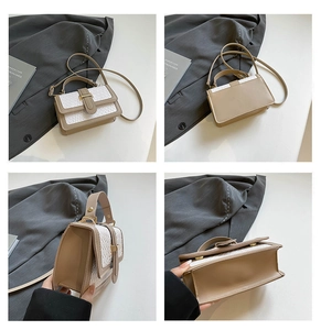 Detailed views of women's vintage crossbody bag with ivory weave pattern and brown leather