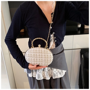 Detailed view of cream tweed evening clutch with gold handle and sparkling rhinestone clasp