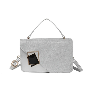 Silver sequin patchwork crossbody handbag with elegant square buckle and top handle
