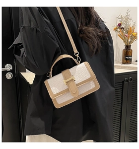 Detail of cream woven texture handbag featuring gold clasp and elegant handle design