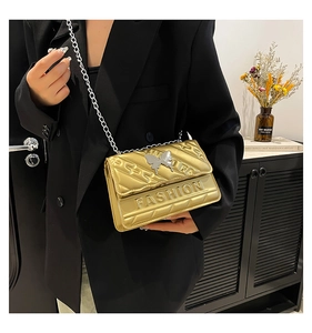 Close-up of golden quilted chain bag featuring a silver butterfly buckle and fashion logo