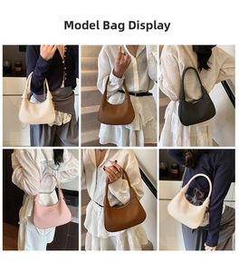 Detailed model views of four color minimalist hobo bags with metallic chain accents