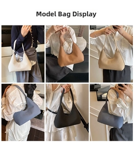Six different colors of knitted crescent underarm bags shown on models for size comparison