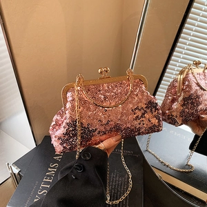 Chic pink sequin evening clutch bag with gold metal frame and stylish chain strap