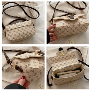 Detail of mini beige crossbody bag with clover pattern and gold buckle hardware
