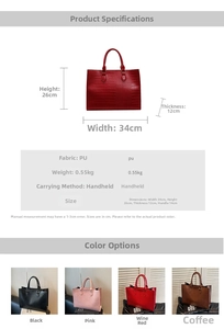 Detailed size specifications for croc-embossed tote bag with dimensions 34x26x12cm