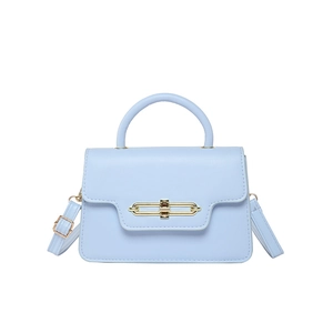 Light blue faux leather handbag with gold rectangular clasp and top handle for women