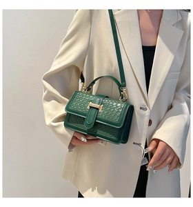 Detail of dark green crocodile embossed crossbody bag with gold square metal lock and strap