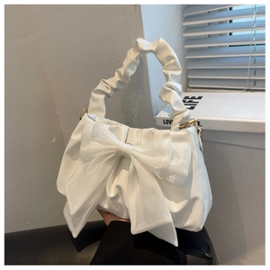 Elegant Women Shoulder Bag With Large Bow Ruched Handle Gold Chain PU Leather Sweet Fashion Crossbody Handbag