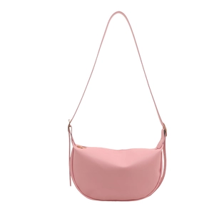Chic pink crescent dumpling shoulder bag in soft matte leather with adjustable strap