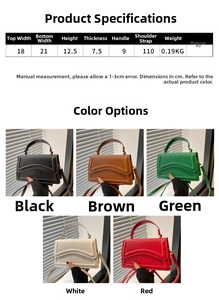 Tableau des tailles et dimensions du sac à main carré en cuir PU disponible en cinq couleurs