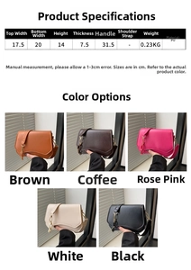 Size chart showing dimensions for the faux leather chain shoulder bag in five colors