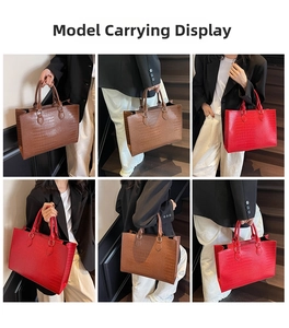 Brown and red crocodile pattern tote bags shown in multiple angles on model