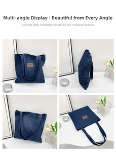 Multi-angle view of large denim tote bag with leather label and dual shoulder straps