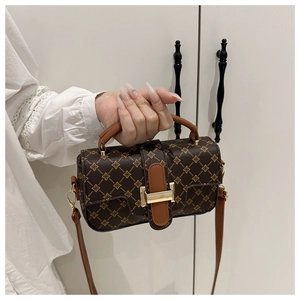 Detail showing vintage retro contrast pattern handbag with premium gold metal buckle