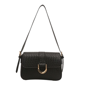 Fashionable black woven shoulder bag with golden D-ring buckle on white background