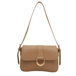 Chic woven texture shoulder bag in khaki with a gold D-buckle on a clean white background