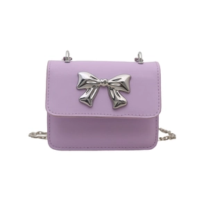 Mini light purple crossbody square bag with silver metal bow and delicate chain strap