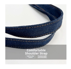 Macro shot of durable denim shoulder strap with contrast yellow stitching detail