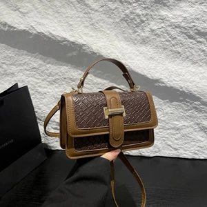Deep brown woven PU leather crossbody flap bag with gold hardware and top handle
