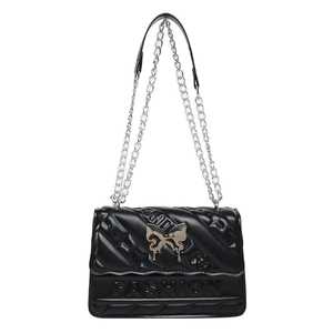 Fashionable black quilted chain shoulder bag with silver butterfly clasp and logo embossing