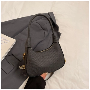 Detail of dark grey hobo bag with braided texture, gold chain and Fashion embossed logo