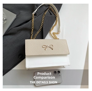 Size comparison of a beige woven crossbody bag with golden bow lock next to a smartphone