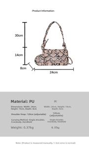 Tableau des tailles du sac à main motif serpent indiquant 24x14x8cm et matière en cuir PU