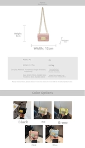 Detailed size specifications for the mini chain bag with metallic lock and color options