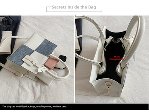 Detailed interior and capacity view of a two-tone denim patchwork small square bag