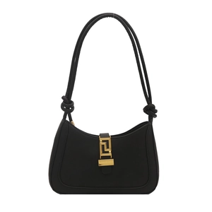 Elegante borsa sottobraccio nera da donna con fibbia dorata e dettagli di tracolla annodata