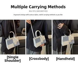 Detailed view of two-tone patchwork handbag showing shoulder, crossbody, and tote styles