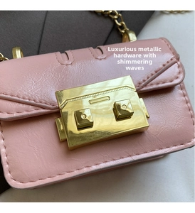 Close-up of pink pebbled leather handbag with golden square metal buckle and chain strap