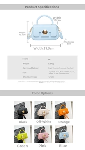 Detail specifications of the PU leather crossbody bag showing multi-color options and size
