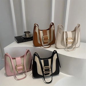 Women Retro Canvas PU Leather Stitching Shoulder Bag Color Block Gold Buckle Hobo Underarm Bag Crossbody Handbag