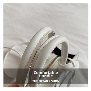Detail of white PU leather handbag featuring reinforced handles and fine stitching