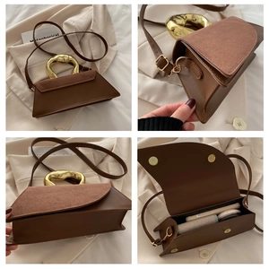 Collage of brown geometric handbag with sculpted gold handle and suede texture detail
