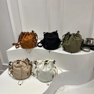 Nylon Drawstring Bucket Bag Crossbody Shoulder Handbag With Side Mesh Pockets Lightweight Casual Street Style For Women