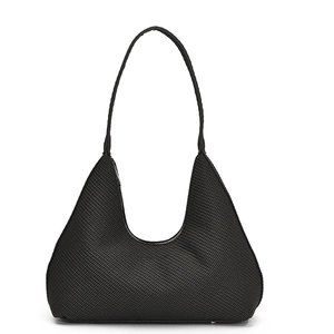 Minimalist black crescent hobo shoulder bag with high-density mesh texture for women