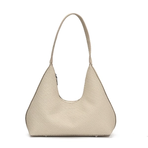 Chic beige woven hobo shoulder bag with minimalist crescent shape and flat bottom
