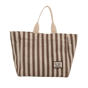 Portable brown and white striped canvas tote bag with Camping label for women