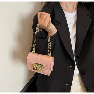 Close-up of pink mini chain bag with matte leather texture and gold metal lock detail