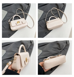Detailed views of a minimalist cream-colored PU leather crossbody bag with metal buckle