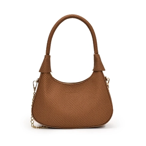 Chic brown textured half-moon hobo bag with a circular handle and a golden chain strap