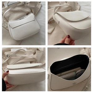 Interior and multi-angle views of a minimalist cream leather saddle bag for women
