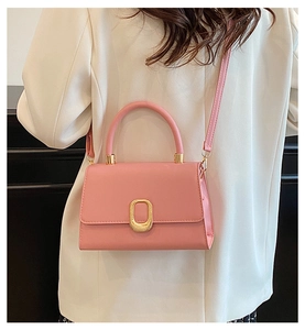 Detail of a pink leather crossbody bag with a gold oval metal buckle and round handle