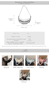 Detailed size chart and multi-color specifications for the PU leather croissant bag