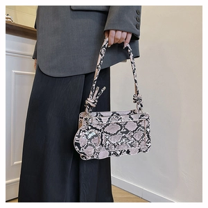 Détail du sac bandoulière imprimé serpent avec un porte-monnaie rond assorti en charm